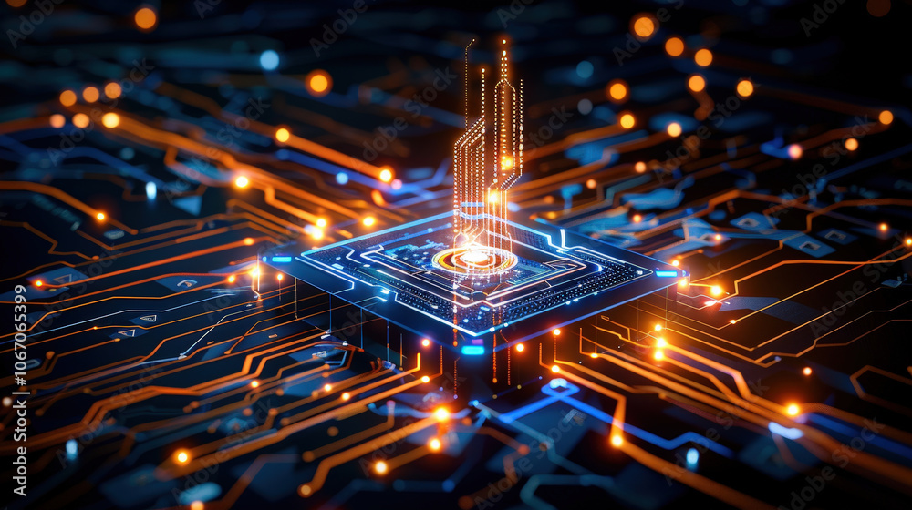 Poster dynamic hexagonal pattern showcases synergy of technology, featuring glowing circuits and central pr