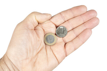 a 1 euro coin and a 1 Moldovan Leu coin