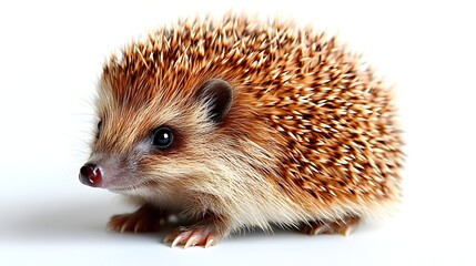 Obraz premium Adorable and Cute Hedgehog Isolated on Clean White Background for Photo Usage. Small Furry and Spiny Mammal Wildlife Animal Portrait in Minimalist Studio Setting.