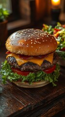 A gourmet cheeseburger with fresh ingredients.