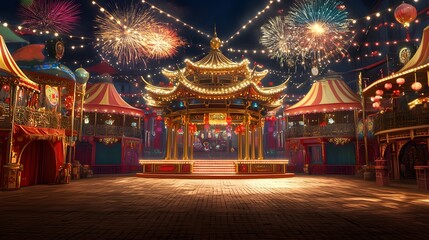 Fototapeta premium Festive Chinese New Year Celebration with Fireworks and Stage
