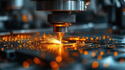 Laser cutting machine in action with bright sparks, industrial manufacturing close-up, precision engineering, advanced metal fabrication, modern technology, workshop setting