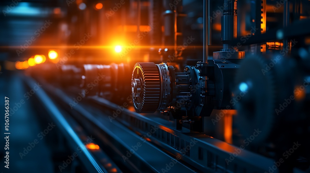 Poster a close-up view of mechanical gears in a dark industrial setting, illuminated by a warm, glowing lig