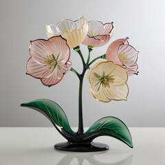 Elegant glass Hellebore sculpture with delicate pink and white petals and lush green leaves, generative ai