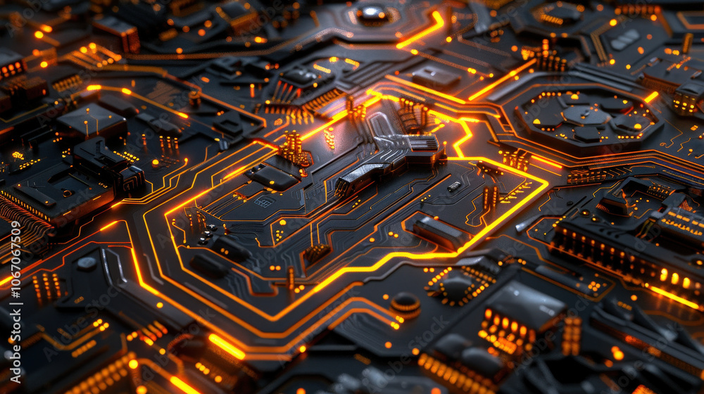 Aufkleber close up view of futuristic circuit board with glowing orange lines and intricate patterns, showcasi