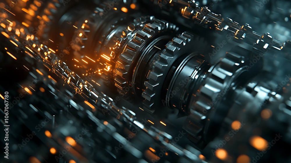 Poster a close-up view of interconnected gears emitting sparks, showcasing industrial machinery's intricate