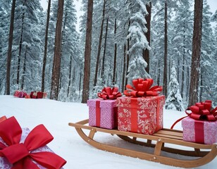 Festive winter scene with colorful gifts on a wooden sled amidst snow-covered pine trees.