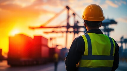 A construction worker observes the port during sunset, showcasing industry and dedication in a vibrant atmosphere.
