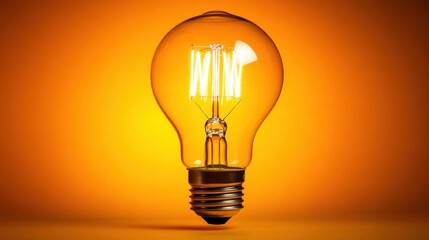 Vintage Light Bulb Glowing Against Orange Background