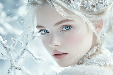 Beautiful young woman with blue eyes, white hair, serene expression