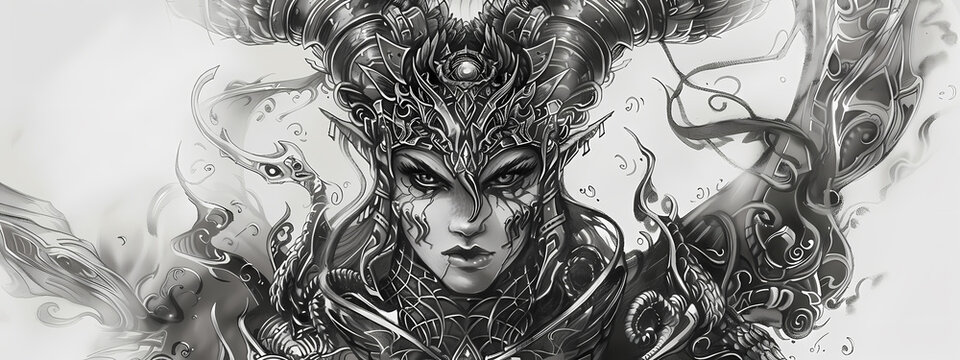 A fierce female warrior with intricate tattoos and ornate horns, embodying strength and mystery in a captivating black and white illustration.
