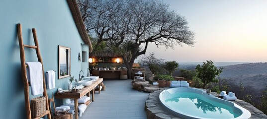Fototapeta premium Luxury outdoor bathroom design, open air shower, washstand, jacuzzi tub, blue exterior wall