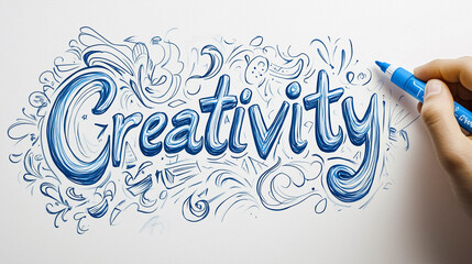 Hand Drawing Decorative Lettering of 'Creativity' in Blue Marker with Artistic Swirls and Doodles Surrounding the Word