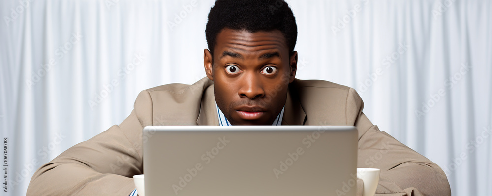 Aufkleber Man with a surprised expression gazes at a laptop screen while seated at a desk in a well-lit indoor setting