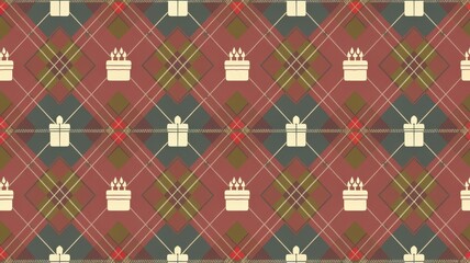 A birthday pattern using a traditional plaid design, but incorporating cakes, gifts, and candles as part of the weave
