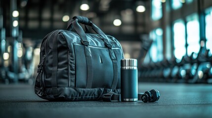 Modern gym interior with gym bag, water bottle, workout equipment in background, fitness lifestyle, exercise, and training environment