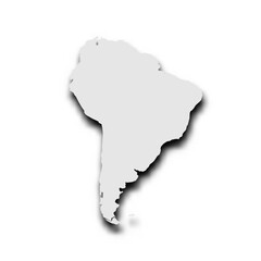 Silhouette map of South America continent. Grey vector map with dropped shadow on light gray background.