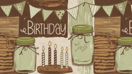 A rustic birthday pattern with wood textures, mason jars, candles, and vintage bunting flags in muted earthy tones
