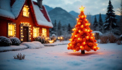 Bright beautiful Merry Christmas tree in snowy ground