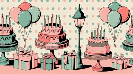 A vintage-themed birthday pattern featuring ornate birthday cakes, presents, and balloons in a classic 1950s color scheme
