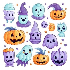 Naklejka premium Cute colorful cartoon pumpkin faces for halloween celebration