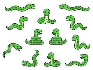 緑のヘビのキャラクターのイラストセット