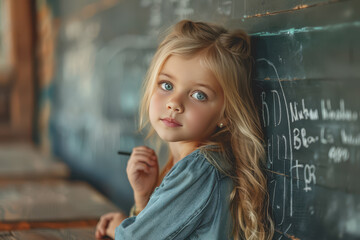Fototapeta premium Student girl writing on the chalkboard in the classroom at school.