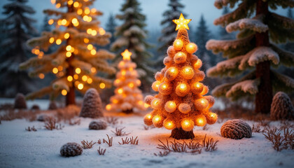 Bright beautiful Merry Christmas tree in snowy ground