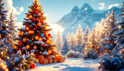 Bright beautiful Merry Christmas tree in snowy ground