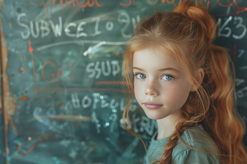 Student girl writing on the chalkboard in the classroom at school.