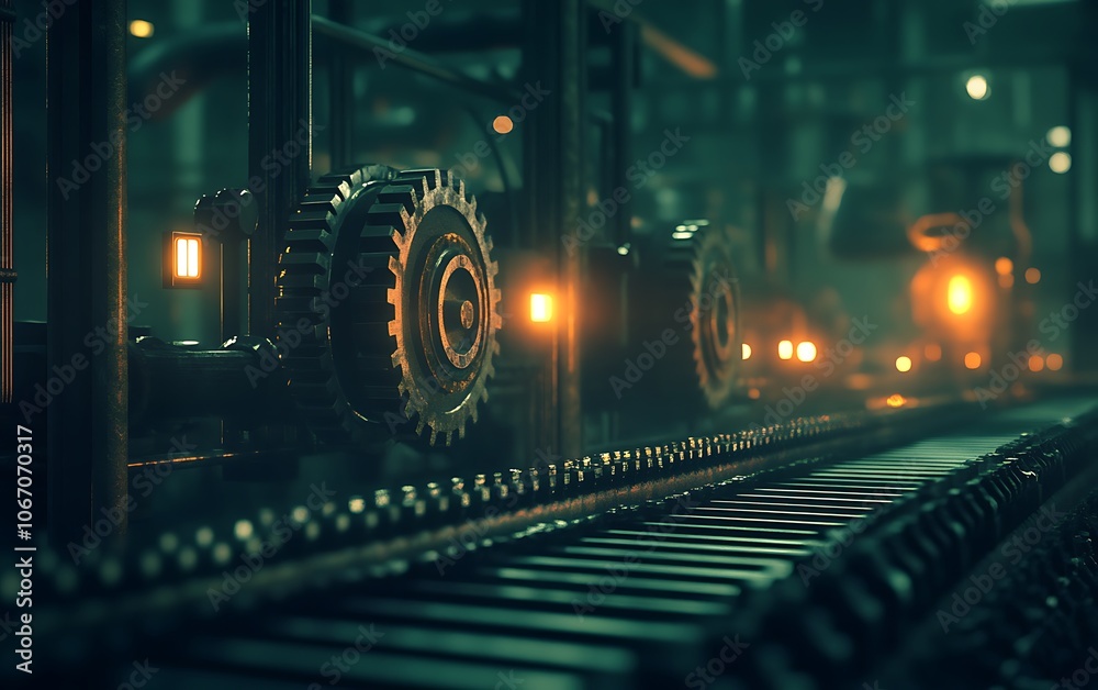 Poster a dark, industrial scene featuring gears and machinery illuminated by soft lights along a track, evo