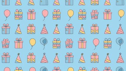 A grid-based birthday pattern with evenly spaced presents, balloons, and party hats, using pastel colors

