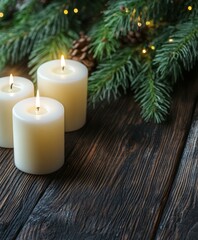 Three candles on wooden table surrounded by pine branches, cozy setting.