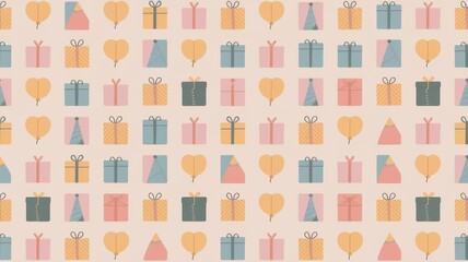 A grid-based birthday pattern with evenly spaced presents, balloons, and party hats, using pastel colors

