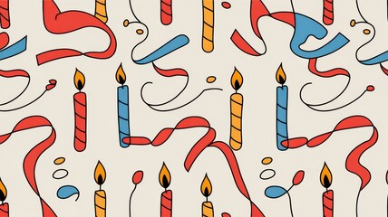 A linear birthday pattern with continuous lines forming party streamers, candles, and confetti in bold colors
