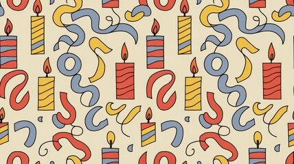 A linear birthday pattern with continuous lines forming party streamers, candles, and confetti in bold colors
