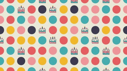 A polka dot-inspired birthday pattern with dots of different sizes and small icons of birthday cakes and balloons
