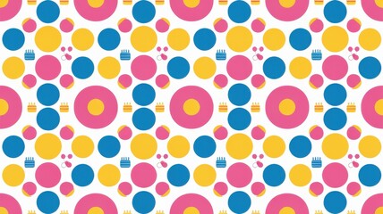 A polka dot-inspired birthday pattern with dots of different sizes and small icons of birthday cakes and balloons
