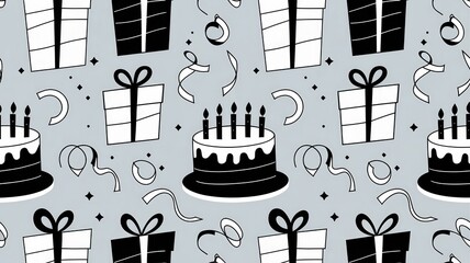 A monochrome birthday pattern with birthday presents, cakes, and streamers in black and white
