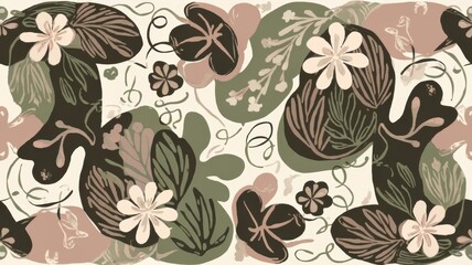 An organic birthday pattern with freeform shapes and natural elements like leaves and flowers, intertwined with party decorations
