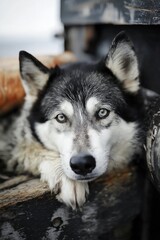 Obraz premium A captivating close-up of a Siberian Husky with piercing eyes and its paws resting on a wooden surface.
