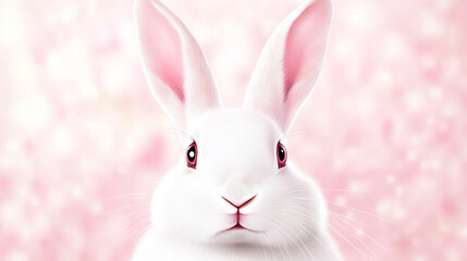 Obraz premium Captivating white rabbit stares intently against a soft pink background symbolizing innocence and playfulness
