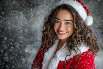 Woman smiling in Santa hat, festive holiday portrait, joyful expression
