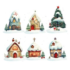 Charming snow-covered gingerbread houses and festive trees in a winter wonderland scene