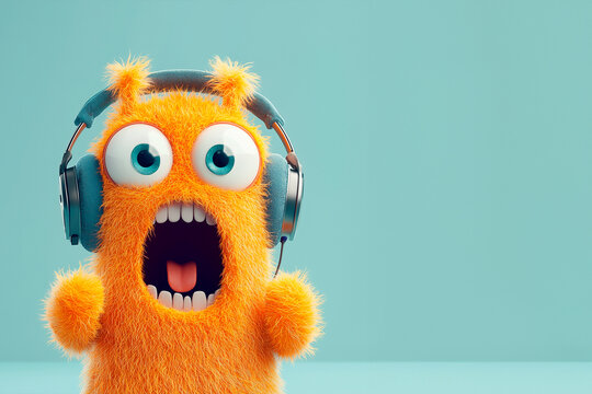 monster with headphones and a shocked expression, wide eyes, and mouth open in surprise. Perfect for fun, music-related themes, gaming, or expressive illustrations. Great for stock images, app icons, 