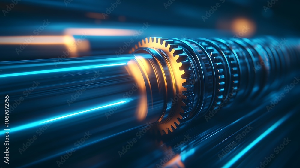 Aufkleber A close-up view of interlocking gears and metallic components, illuminated with a blue glow, showcasing intricate mechanical design.