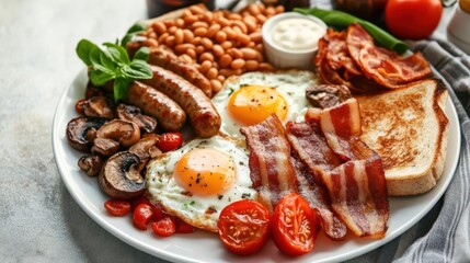 A hearty breakfast plate featuring eggs, bacon, sausages, beans, and vegetables.