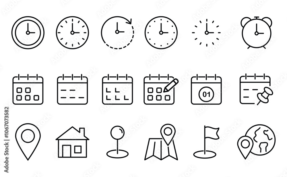 Poster time, date and location editable stroke outline icons set. address line icons and navigation outline