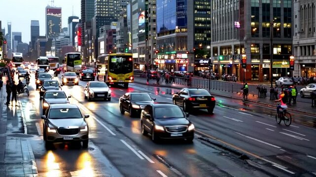 A busy intersection in a metropolitan area with cars, buses, and cyclists navigating the streets during rush hour