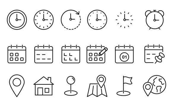 Time, date and location editable stroke outline icons set. Address line icons and navigation outline icons set. isolated on white background.